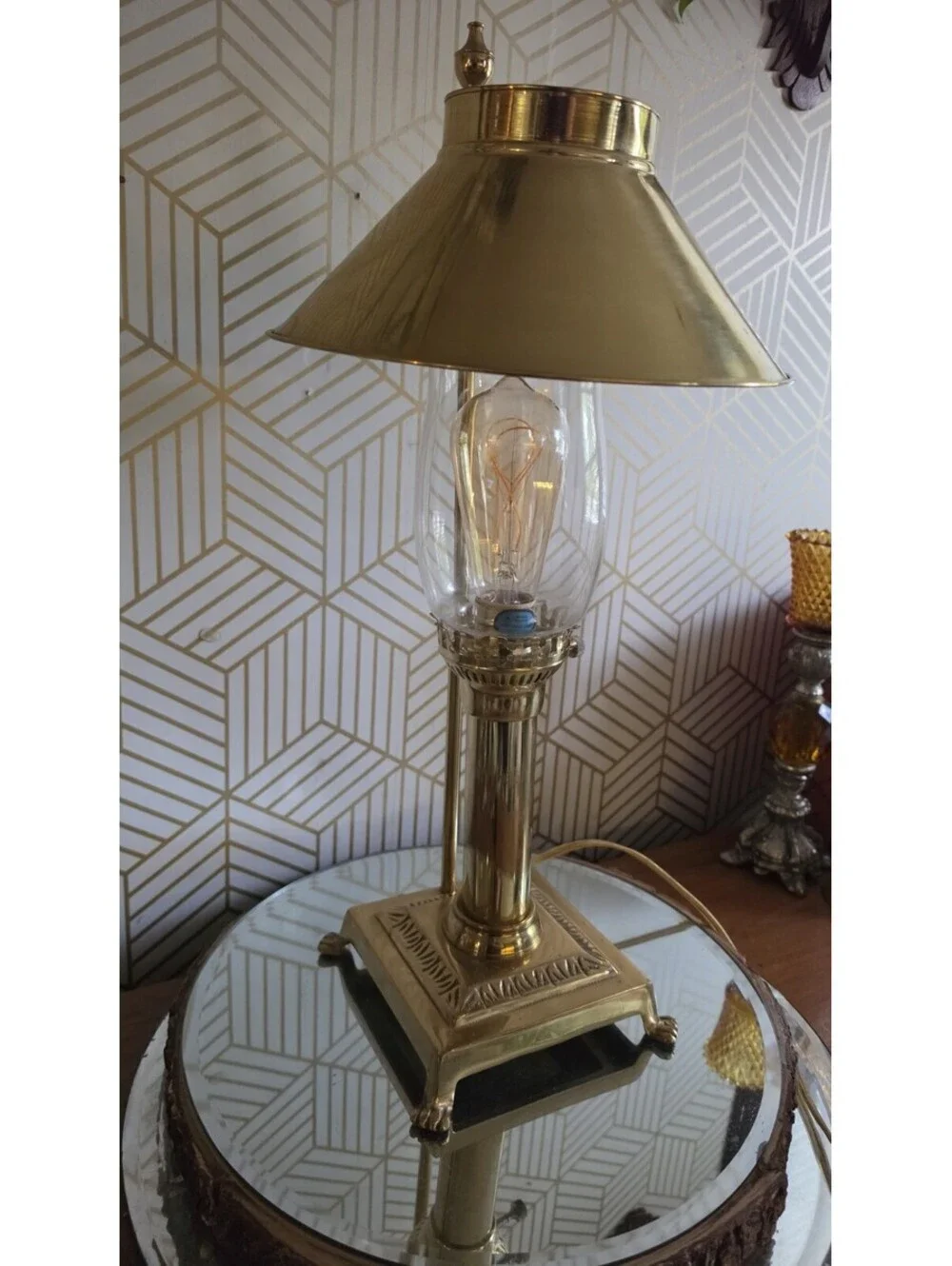 Vintage Paris Istanbul Orient Express Brass & Glass Clawfoot Lamp Adjustable